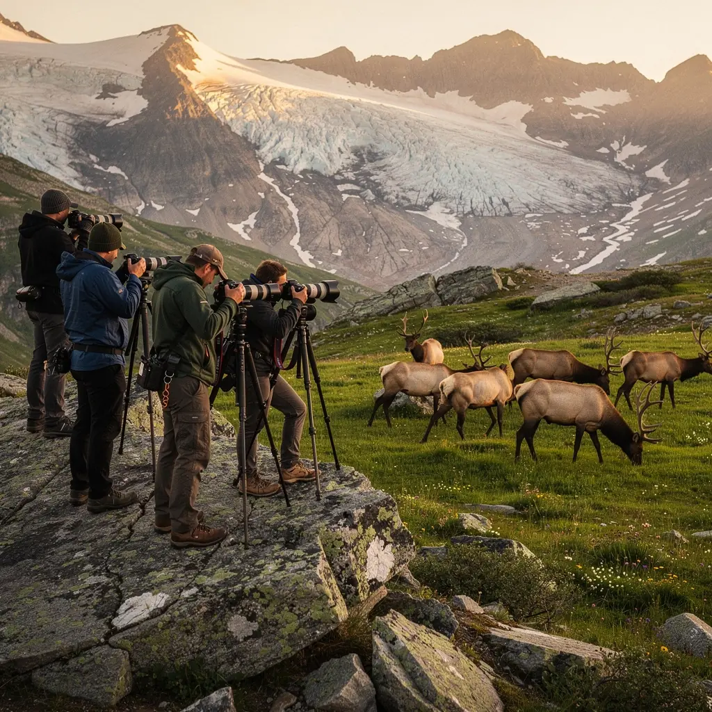Групповой тур туристов, восхищённых красотой ледниковых образований и живописными видами.