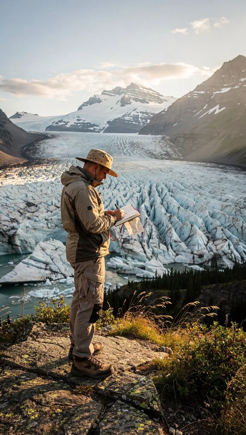 Ледяные образования на фоне величественных горных массивов, отражающих яркие солнечные лучи.