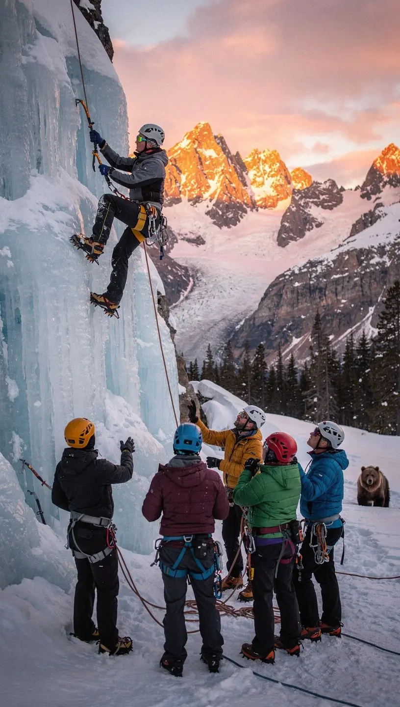 Ледяные образования на фоне горных пейзажей с яркими альпийскими цветами.