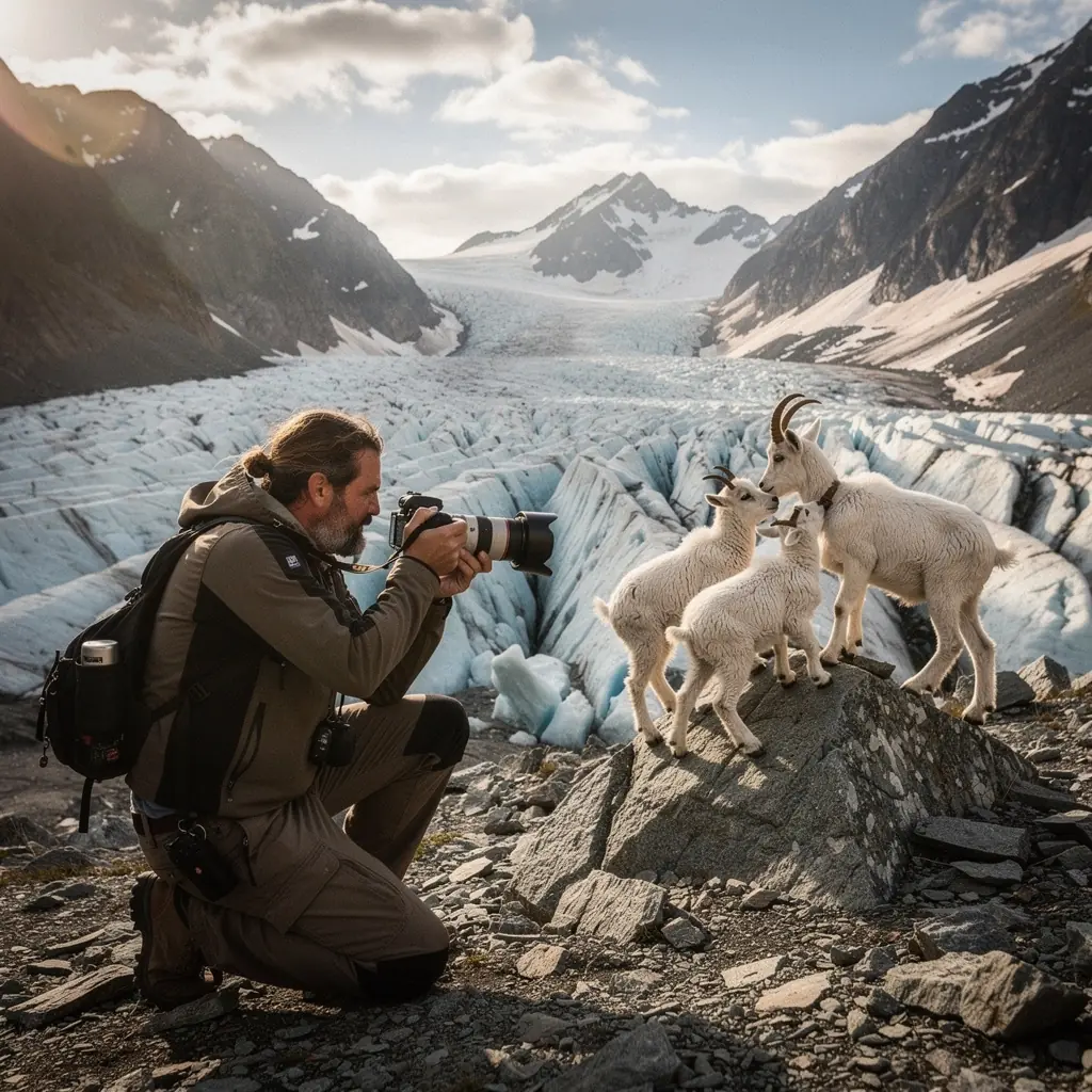 Ледяные образования на фоне величественных гор с яркими альпийскими лугами.